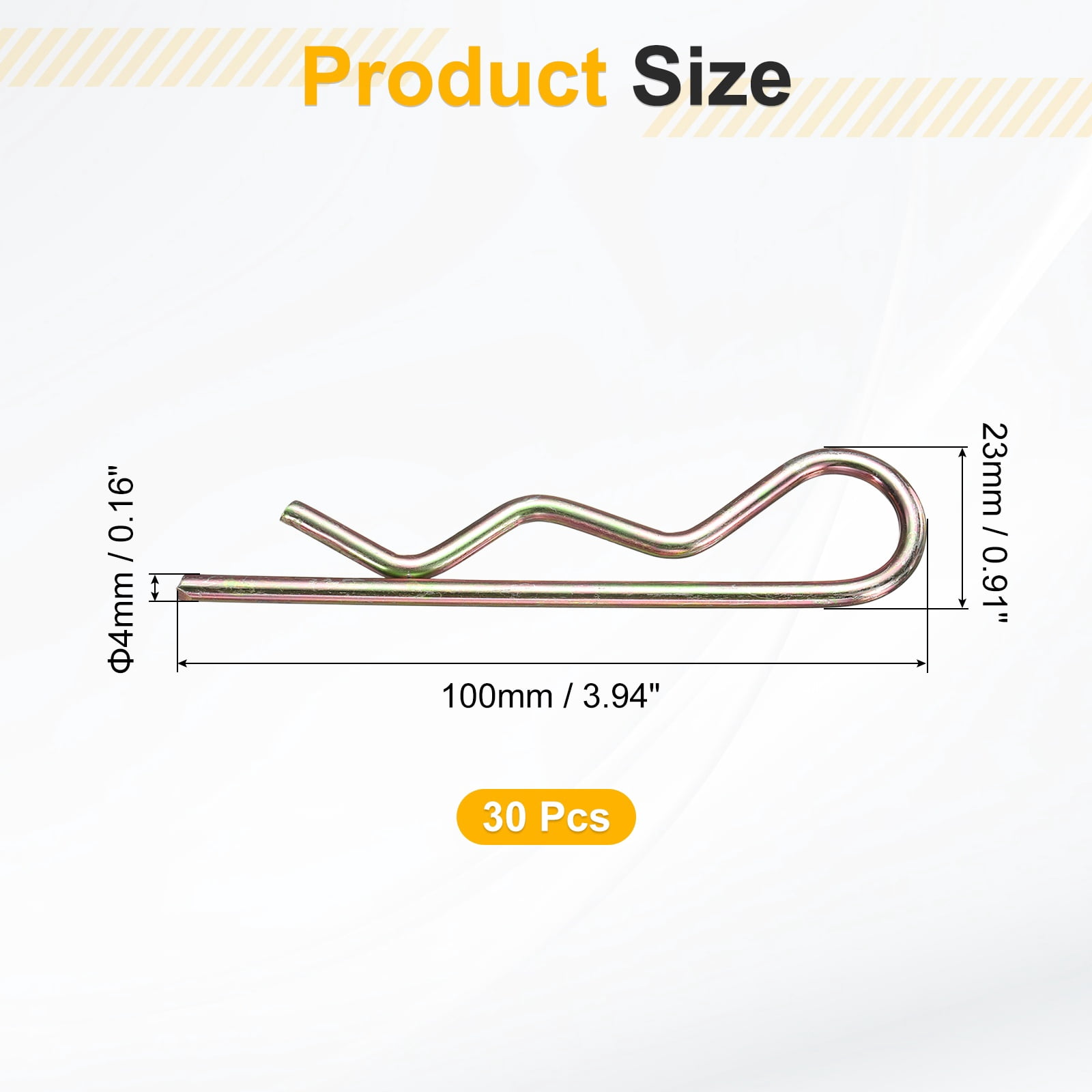 30Pack Hitch Pin Clip, 4x100mm Zinc-Plated Spring Steel Retaining R Clip, Gold