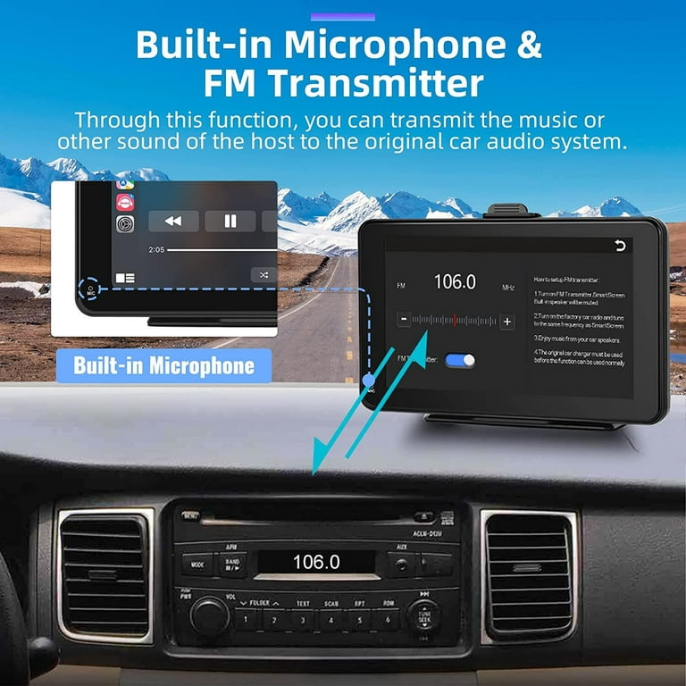 Podofo 7-32v 7 inch Portable Car Stereo Radio Wireless Apple CarPlay Android Auto Mirror Link Dashboard Mounted/Suction Touch Screen Player FM