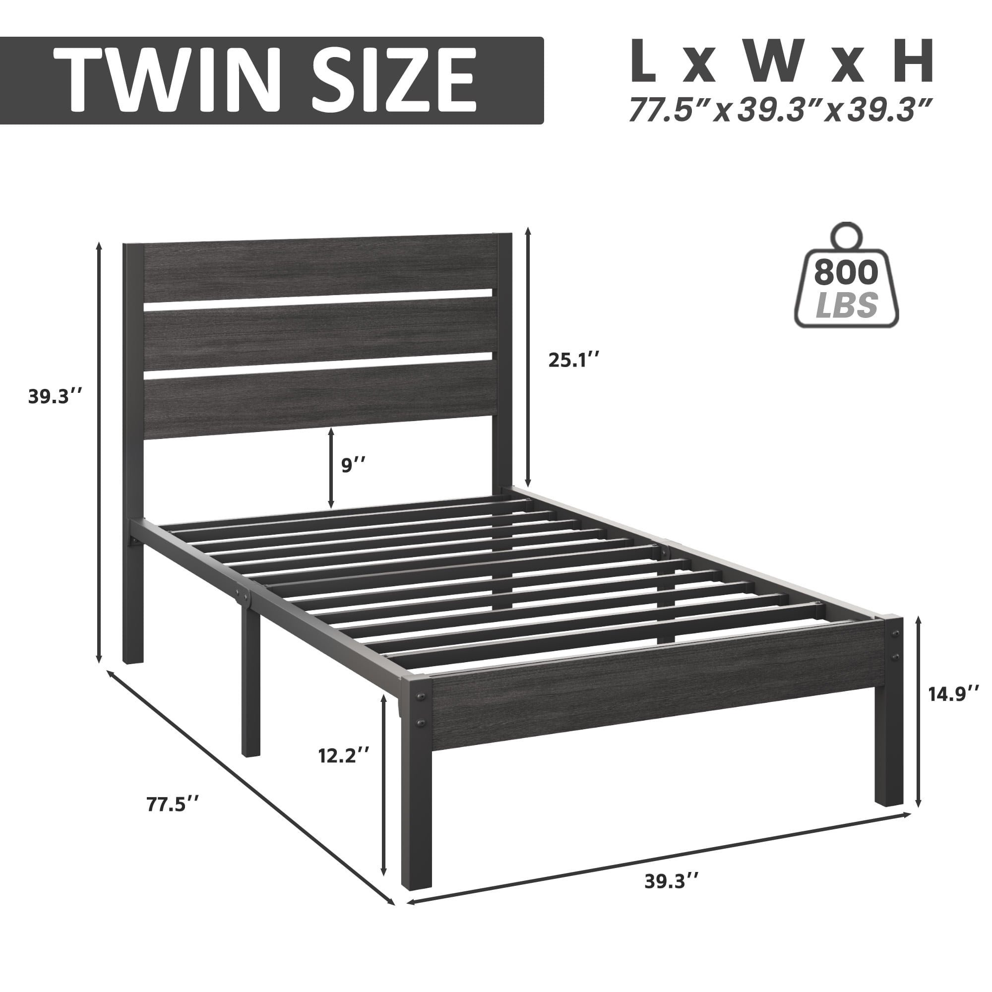 Fluest Twin Bed Frame with Rustic Vintage Wood Headboard and Footboard, Grey
