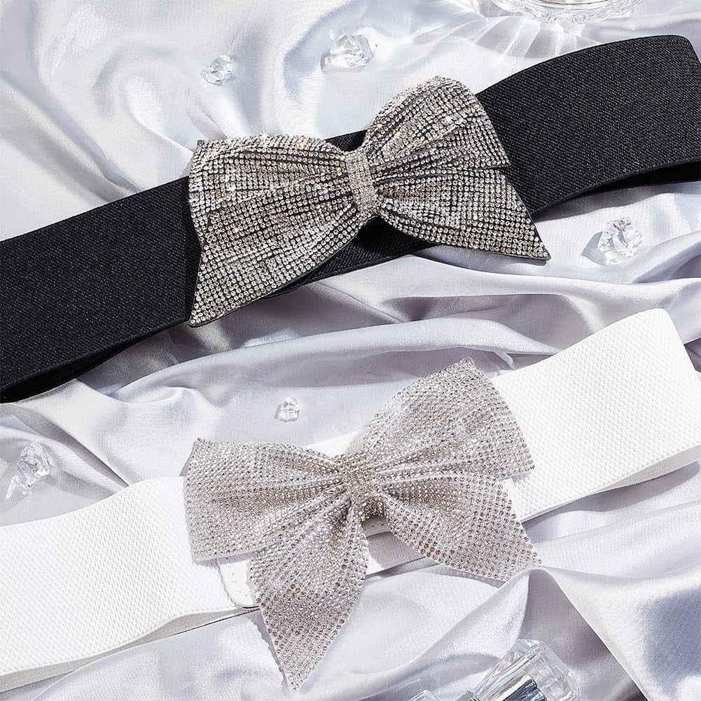 2 Pcs Rhinestone Bow Belts Bowknot Elastic Waistband  display picture 1