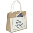 thumbnail image 4 of VOGRYE HELLO WEEKEND Printed Custom Jute Tote Bags with Canvas Front Pocket Reusable Natural Burlap Bags for Gifts, Shopping, 4 of 5