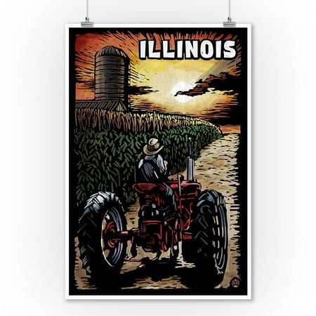 Tractor Posters For Kids Illinois - Tractor in Cornfield Scratchboard - Lantern Press Poster (9x12 Art Print, Wall Decor Travel Poster) ()