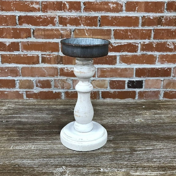 Parisloft Whitewashed Wood and Metal Pillar Candle Holder, Farmhouse Style, 8-7/8"H