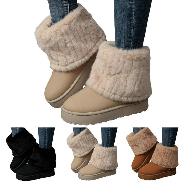 Dakaela Bottes d'Hiver Mi-Mollet pour Femmes, Bout Rond, Plateforme en Suède, Bottillons à Enfiler, Doublées en Molleton, Mini Botte d'Hiver