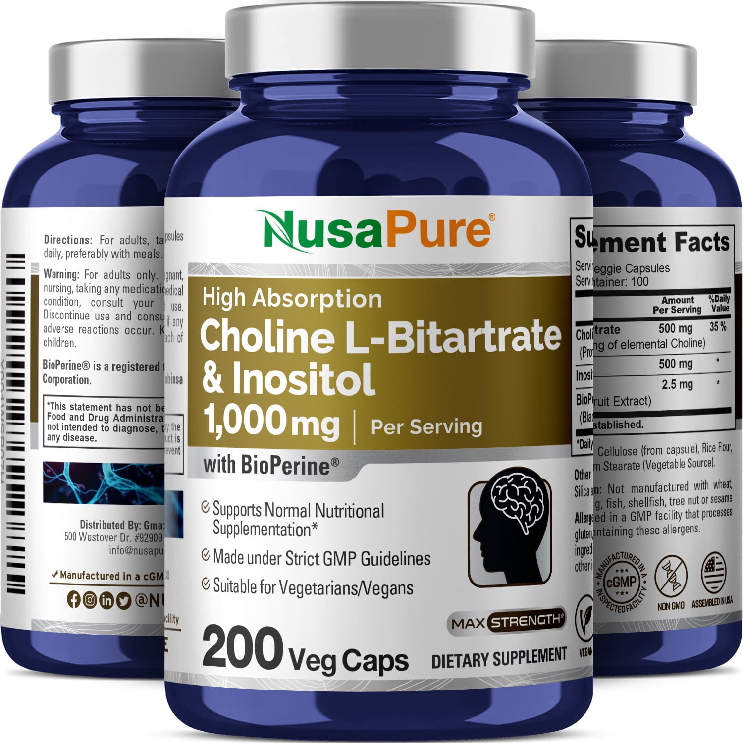 NusaPure Choline & Inositol 1000mg - 200 Veggie Caps (100% Vegetarian, Non-GMO)