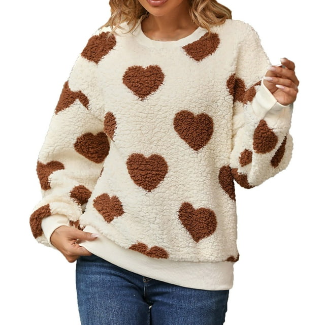 Bowake Hauts en Molleton Doux pour Femmes, Décontractés, Imprimé Cœur en Peluche, Col Rond, Manches Longues, Chandail, Blouse