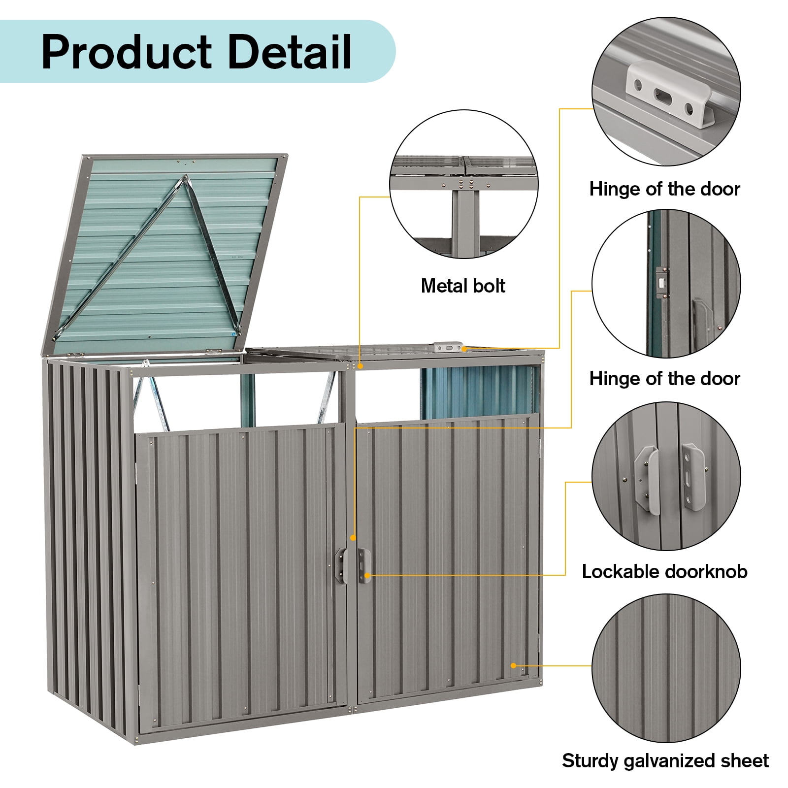 IMagacFun Metal Outdoor Garbage Bin Shed for 2 Trash Cans, Stainless Galvanized Steel Storage Shed for Garden Yard Lawn Gray