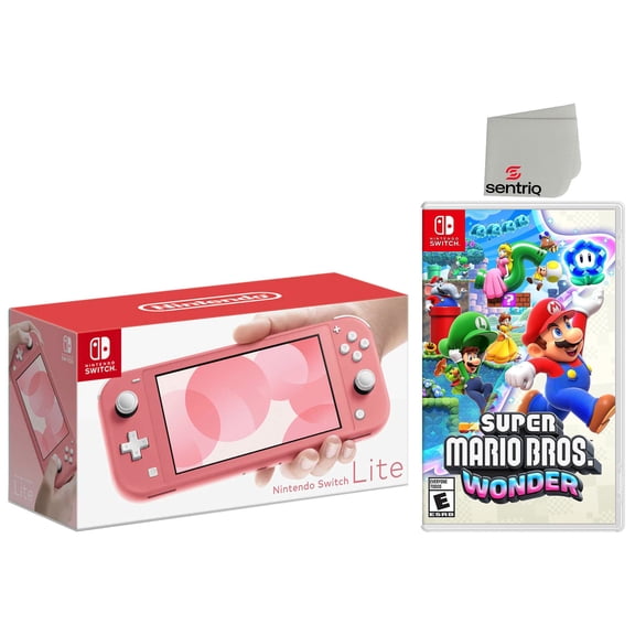 Nintendo Switch Lite 32GB Coral Edition and Super Mario Bros Wonder Bundle - Japan Import with US Plug with Screen Cleaning Cloth