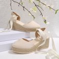 thumbnail image 5 of Womens Platform Espadrilles Closed Toe Wedge Sandals Tie up Ankle Strap Summer Dress Shoes for Wedding Vacation Beige Size 6, 5 of 8