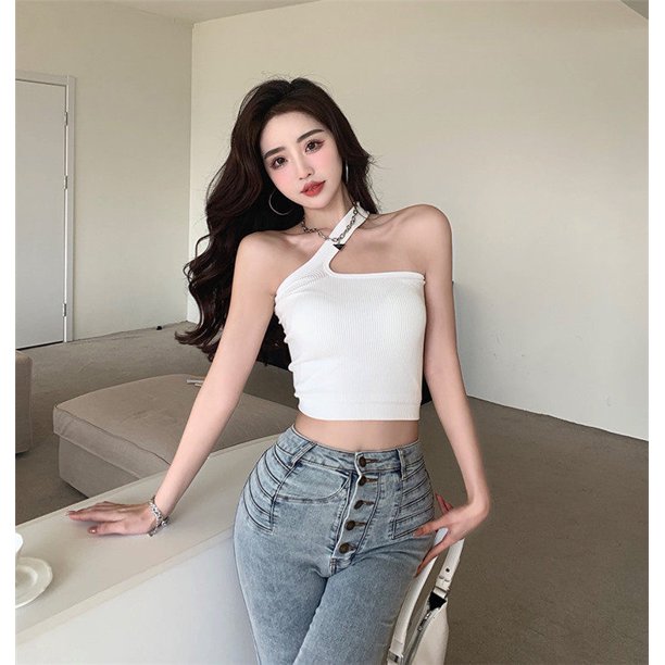 VISgogo, chaleco de punto informal para mujer con almohadillas para el pecho, camisetas de tubo de ombligo expuestas con cuello barco de Color sólido a la moda VISgogo moda