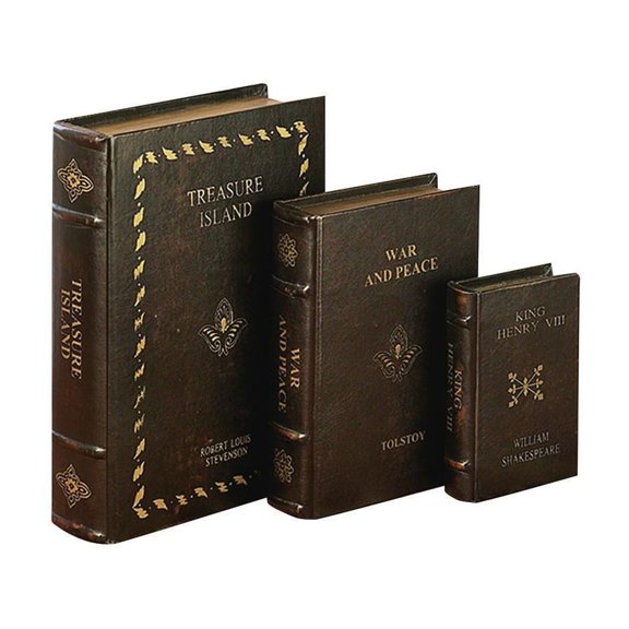 DecMode Vintage Inspired Faux Book Storage Brown Faux Leather Decorative Box with Gold Vintage Detailing, 3 Count
