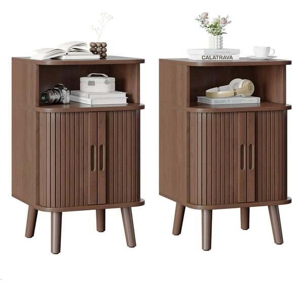 Whalefall Fluted End Table Set of 2, Mid Century Modern Nightstand with Slide Tambour Doors, Curved Round Edge Wooden Side Tables with Storage for Living Room, Bedroom, Walnut