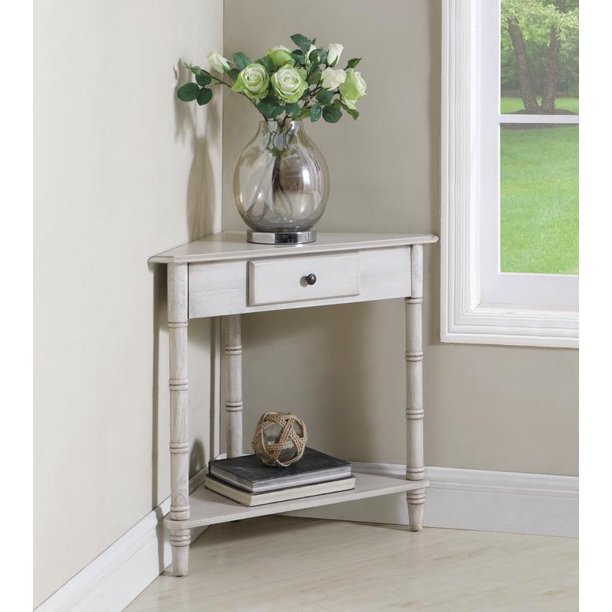1Drawer Corner Accent Table WhiteColorWhite,FinishWhite,Style