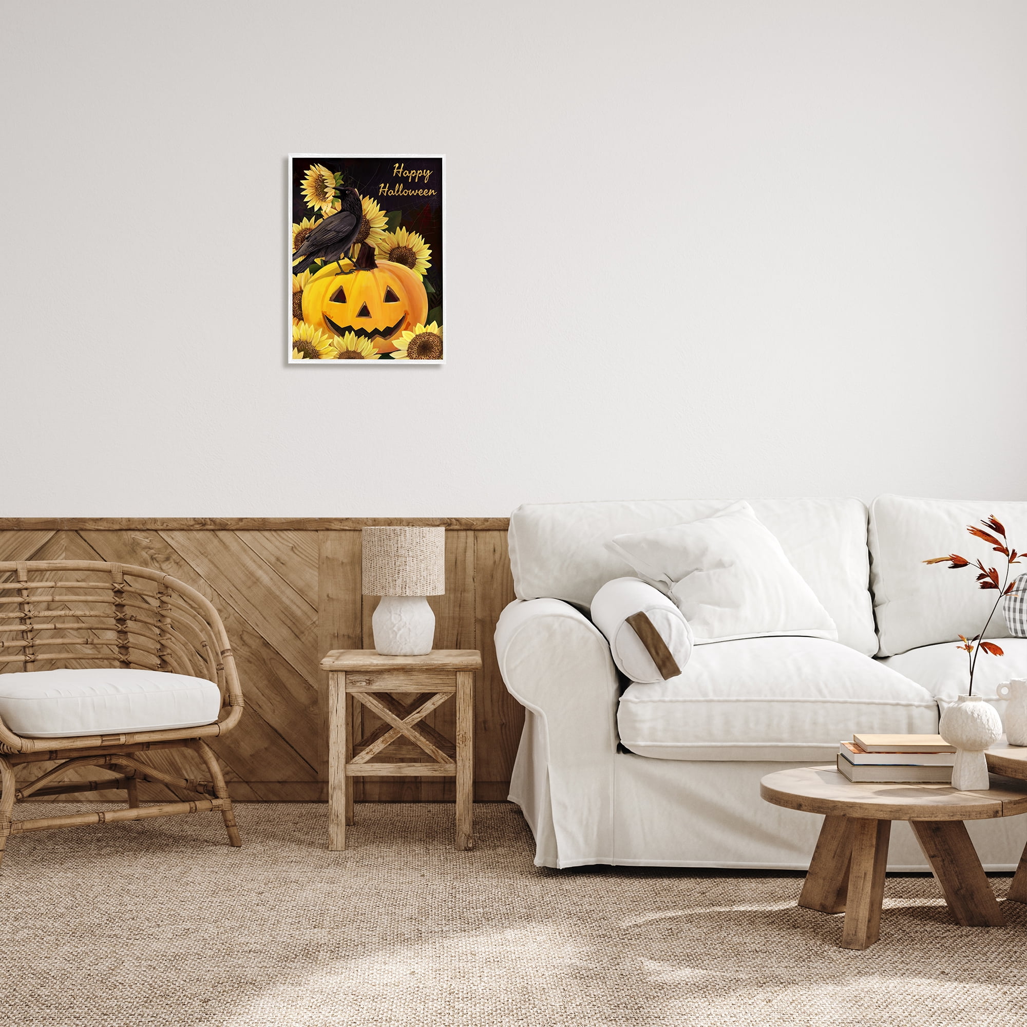 Stupell Industries Crow on Jack-o-Lantern Holiday Painting White Framed Art Print Wall Art, 16 x 20