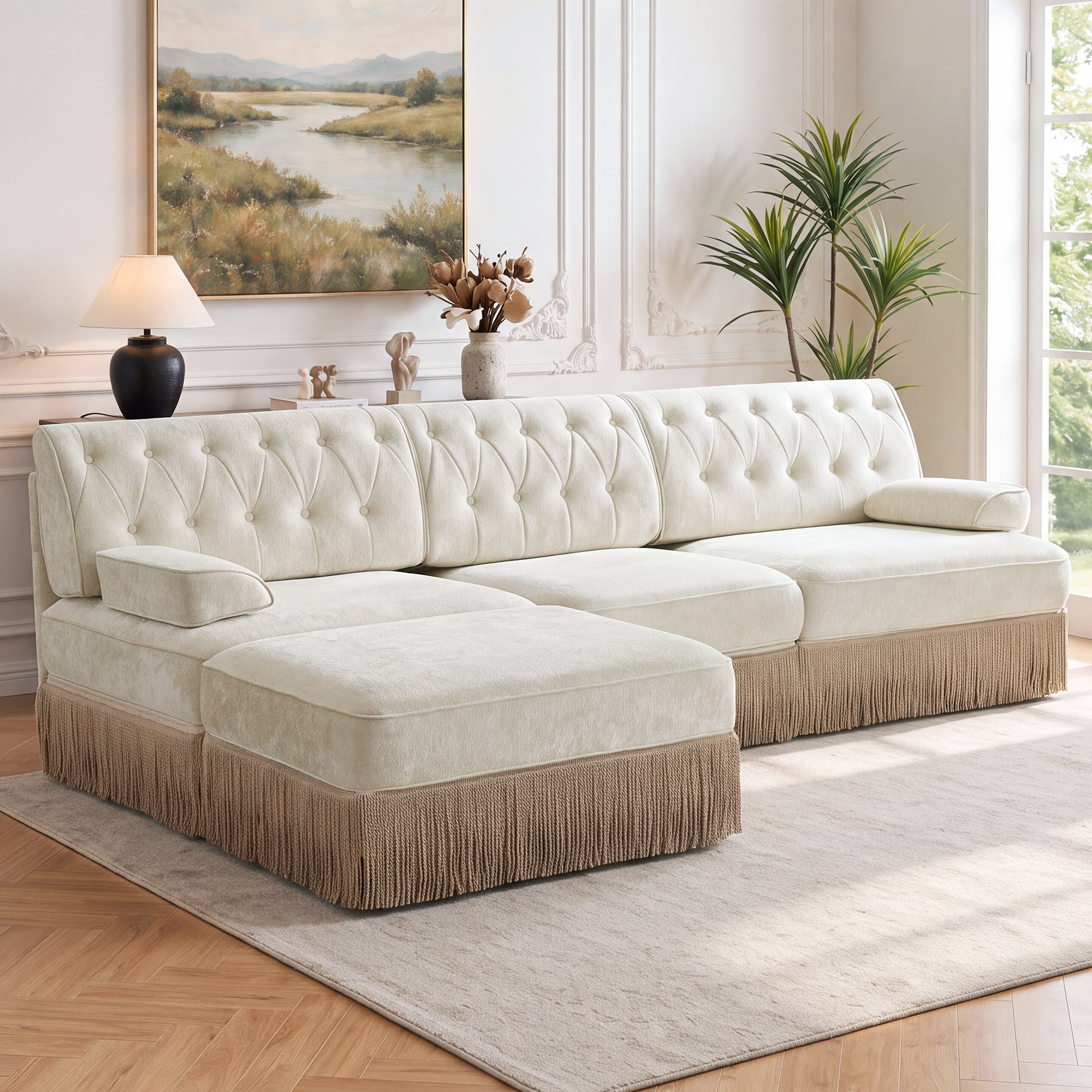 106" Chesterfield 3 Seater L-Shaped Modular Sectional Sofa Set with Ottoman and Tassel Skirt, Easy to Assemble