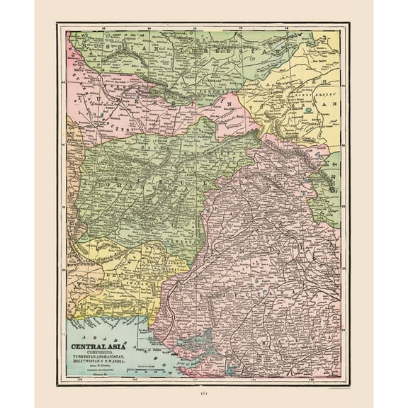 Historic Map - Central Asia - Cram 1892 - 23 x 27.68 - Vintage Wall Art