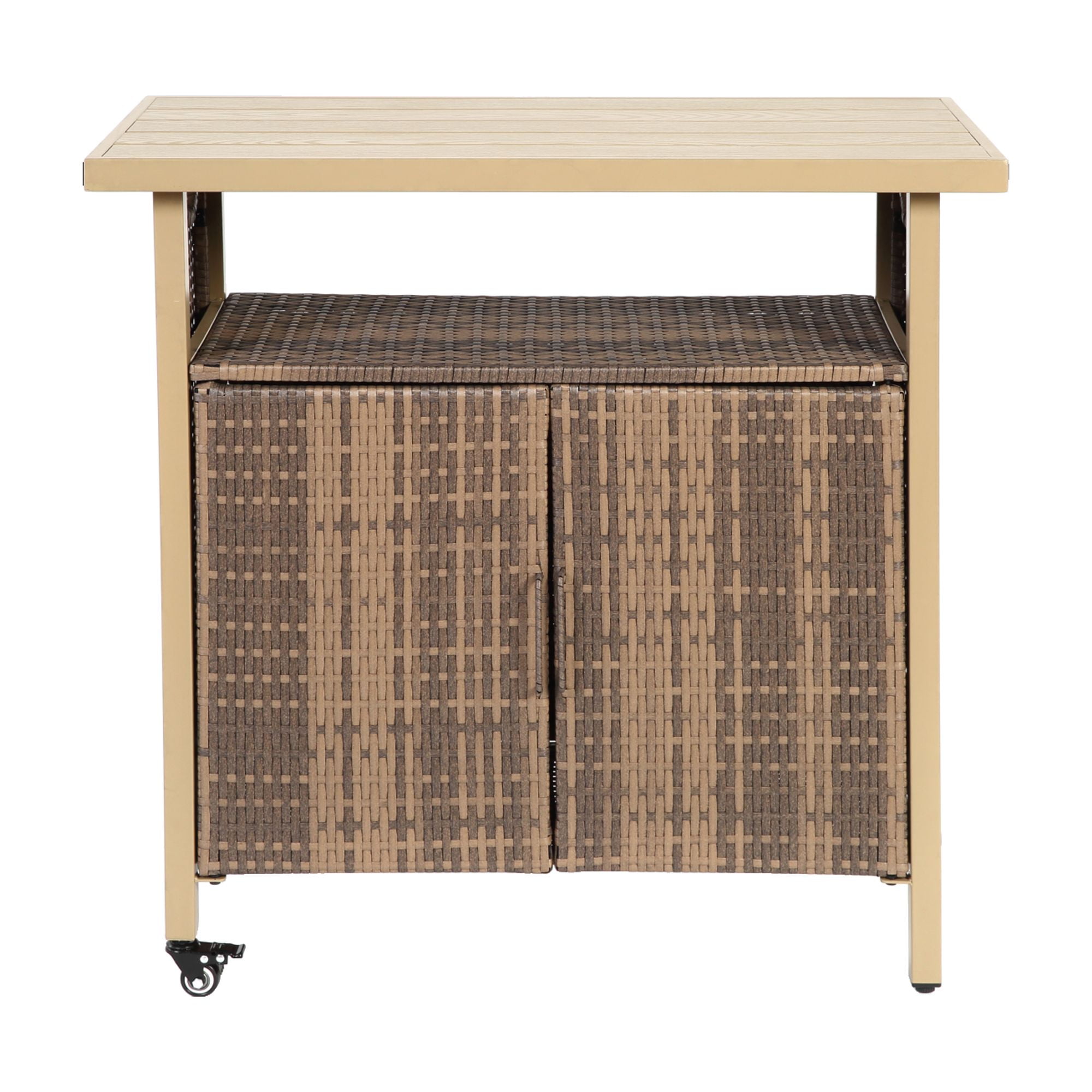 Leumius Outdoor Bar Cart, Rolling Rattan Beverage Bar Counter Table with Glass Top for Porch Backyard Garden Steel, Beige