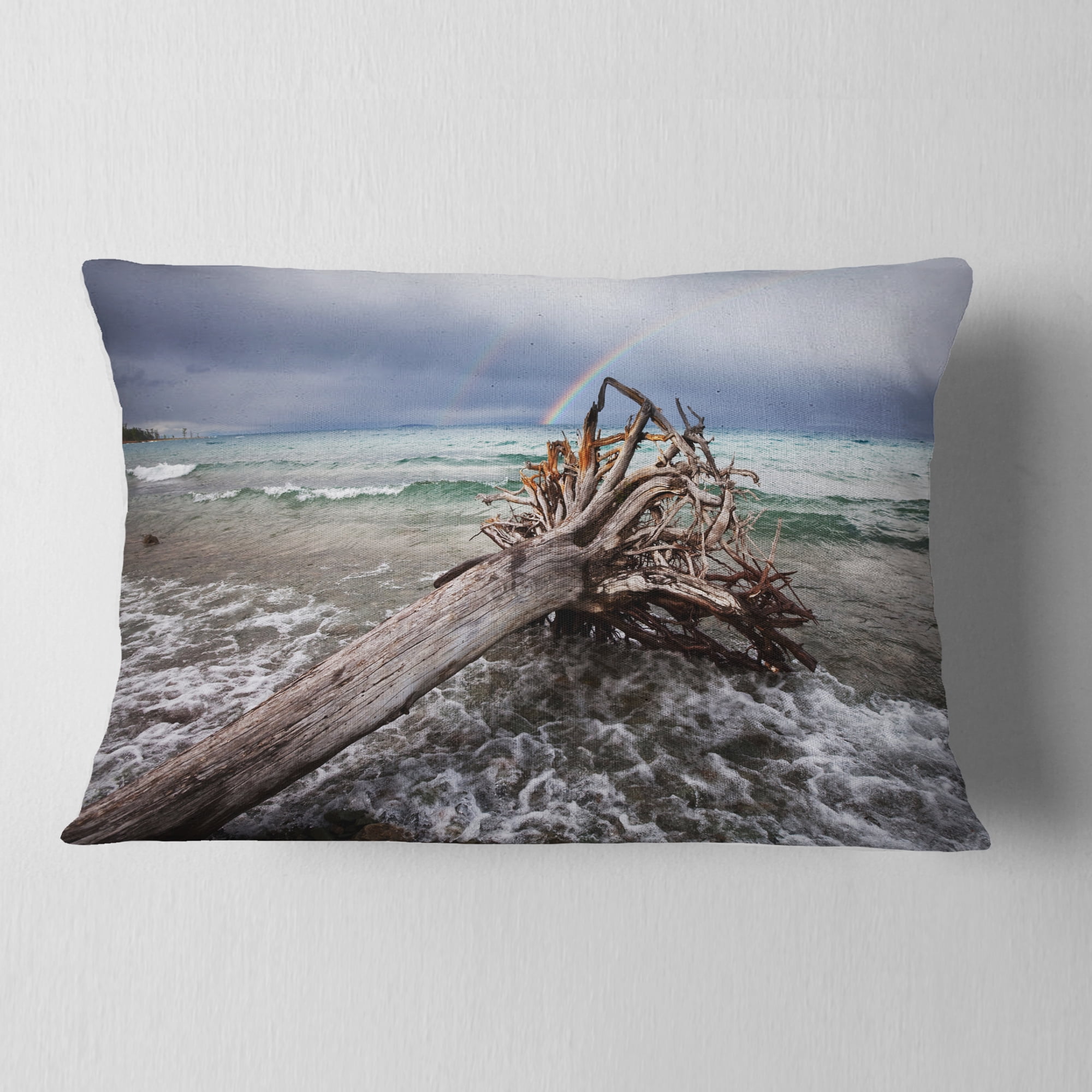 Designart Fallen Tree in Storm At Seashore - Seascape Throw Pillow - 12x20