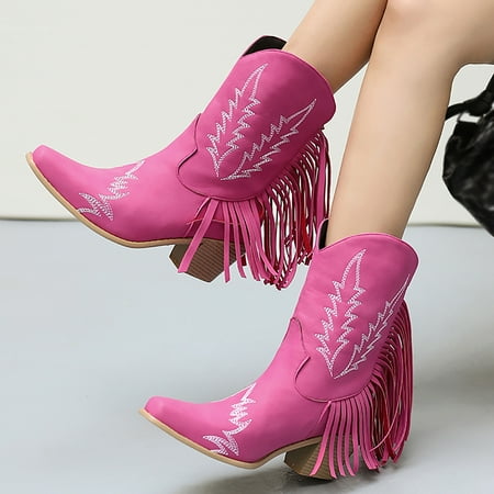 

FZM Vintage Women Fringed Western Cowboy Boots Fashion Solid Color Slip On Boots Outdoor Heel Booties Shoes