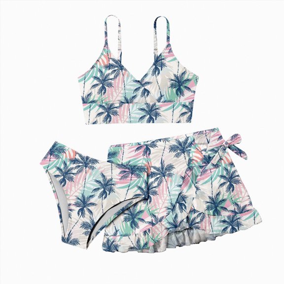 TOWED22 Girls Swimsuit 3 Piece Bikini Set Bathing Suits Tropical Leaf Print with Cover Up Sarong Swimwear Light Pink,12-13 Y