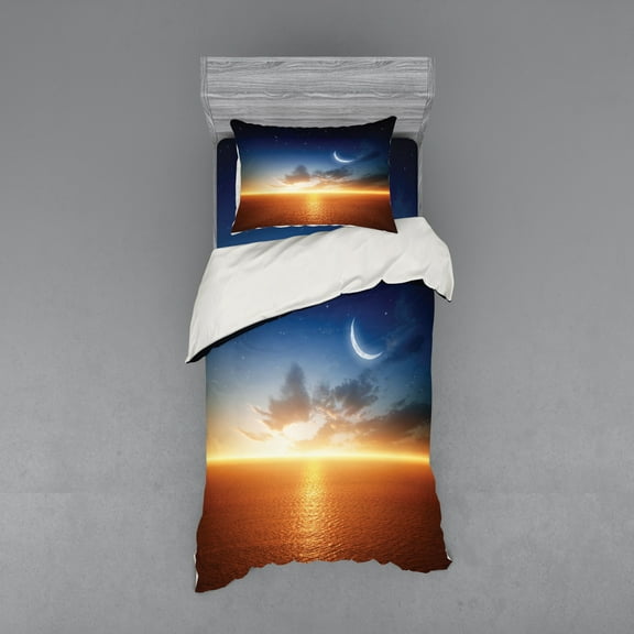 Ocean Duvet Cover Set, Sunset Sky with Moon and Stars Horizon Scenery Fantasy View Artwork Print, Bedding Set with Shams and Fitted Sheet, 3 Sizes, by Ambesonne