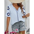 thumbnail image 3 of QINCAO Womens Tops Boho Floral Embroidered V-Neck Short Sleeve Casual Loose Shirts S-XXL, 3 of 5