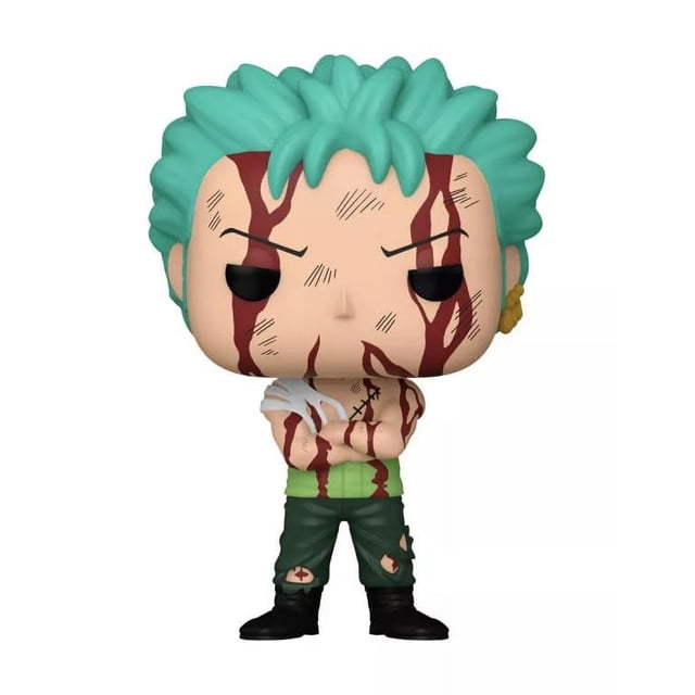 figura de vinilo funko one piece pop! animación: roronoa zoro edición exclusiva de 1.75 pulgadas, vista frontal centrada de Zoro con cabello verde azulado y ojos negros, marcas de sangre impresas en cara y torso, chaleco blanco rasgado sobre torso musculoso, pantalones verdes con roturas y botas negras, brazos cruzados en postura desafiante; figura coleccionable inspirada en el momento “Nothing Happened”, también adecuada para exhibir en vitrinas de coleccionista.