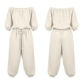 thumbnail image 4 of Women's Solid Cotton Linen Jumpsuit, off Shoulder 3/4 Sleeve Elastic Waist Romper with Pockets, Cuffed Ankle Casual One Piece Outfit for Daily Wear Beige XL(XL), 4 of 6