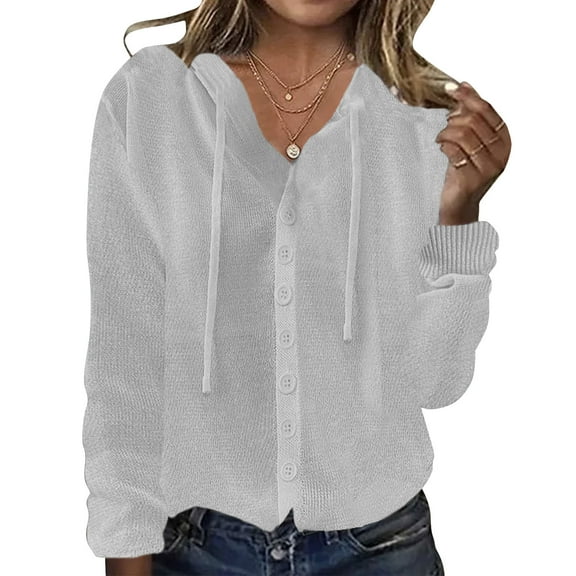 Womens Lightweight Sweater Cardigans Button Up Soft Knit Hooded Outerwear Casual Sweatshirt Knitwear (L, White)
