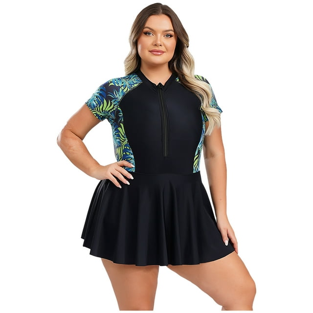HULIJA Woman Plus Size Swimwear Short Sleeve Zip Neck One Piece Swimdress Rash Guard Bathing Suits Black Green 4XL