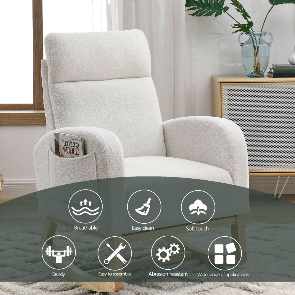 Rugerasy 27.6"W Accent Rocking Chair, Modern Upholstered Rocker Armchair For Nursery, Lounge Chair With 2 Side Pocket, High Backrest, Armrests For Living Room Bedroom