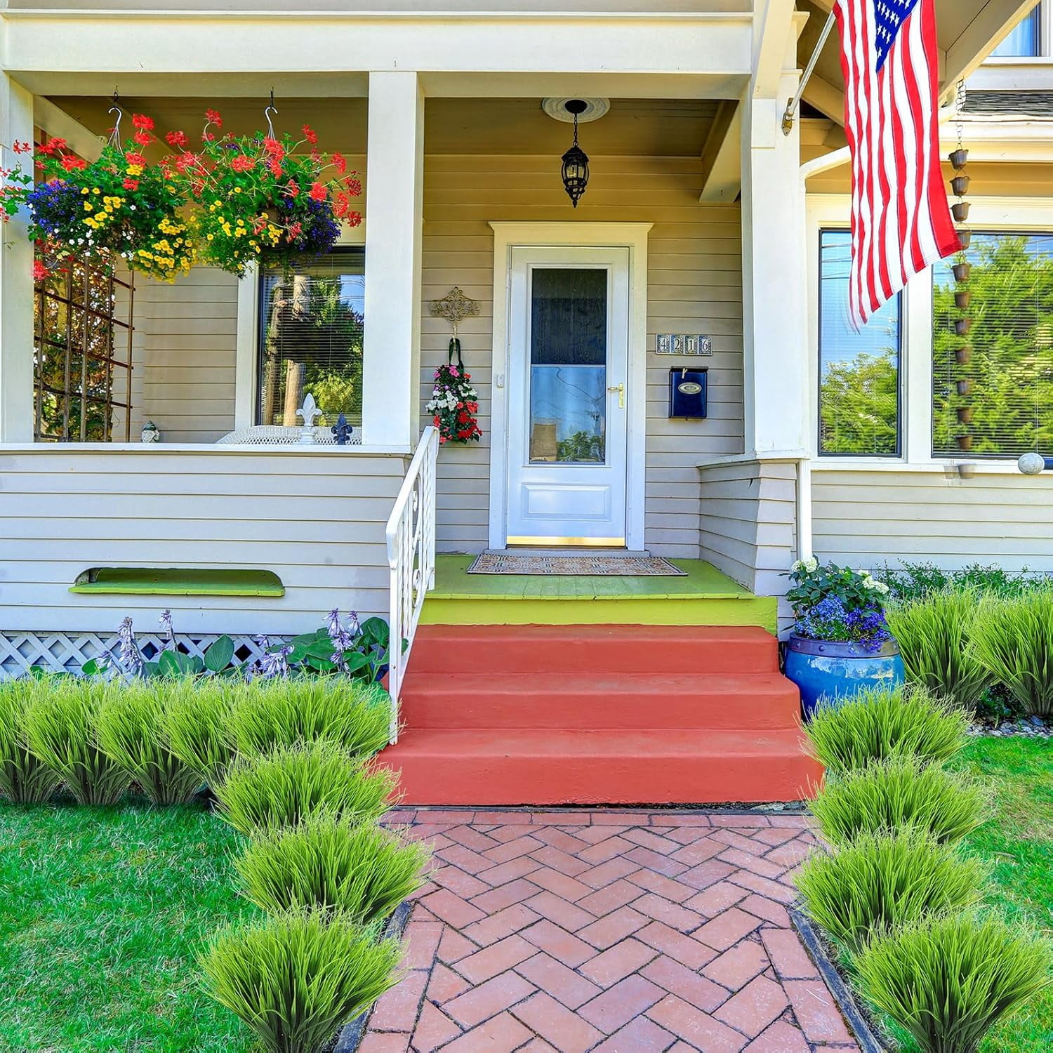 24 Bundles Artificial Greenery for Outdoors,Fake Wheat Grass Faux Shrubs Plants UV Resistant for Patio Garden Porch Window Box Spring Home Decor, Green