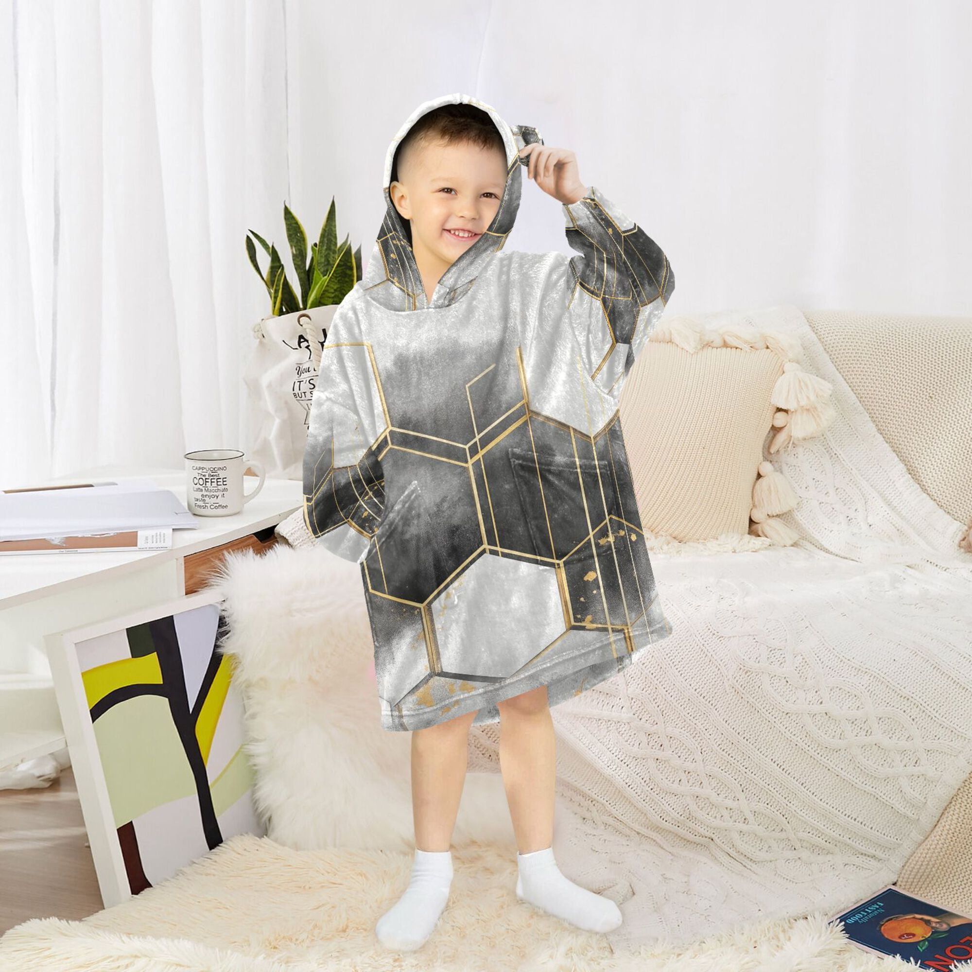 FORMRS Wearable Blanket Hoodie with Sleeves for Kids Cozy Flannel Sweatshirt, Gray Hexagons