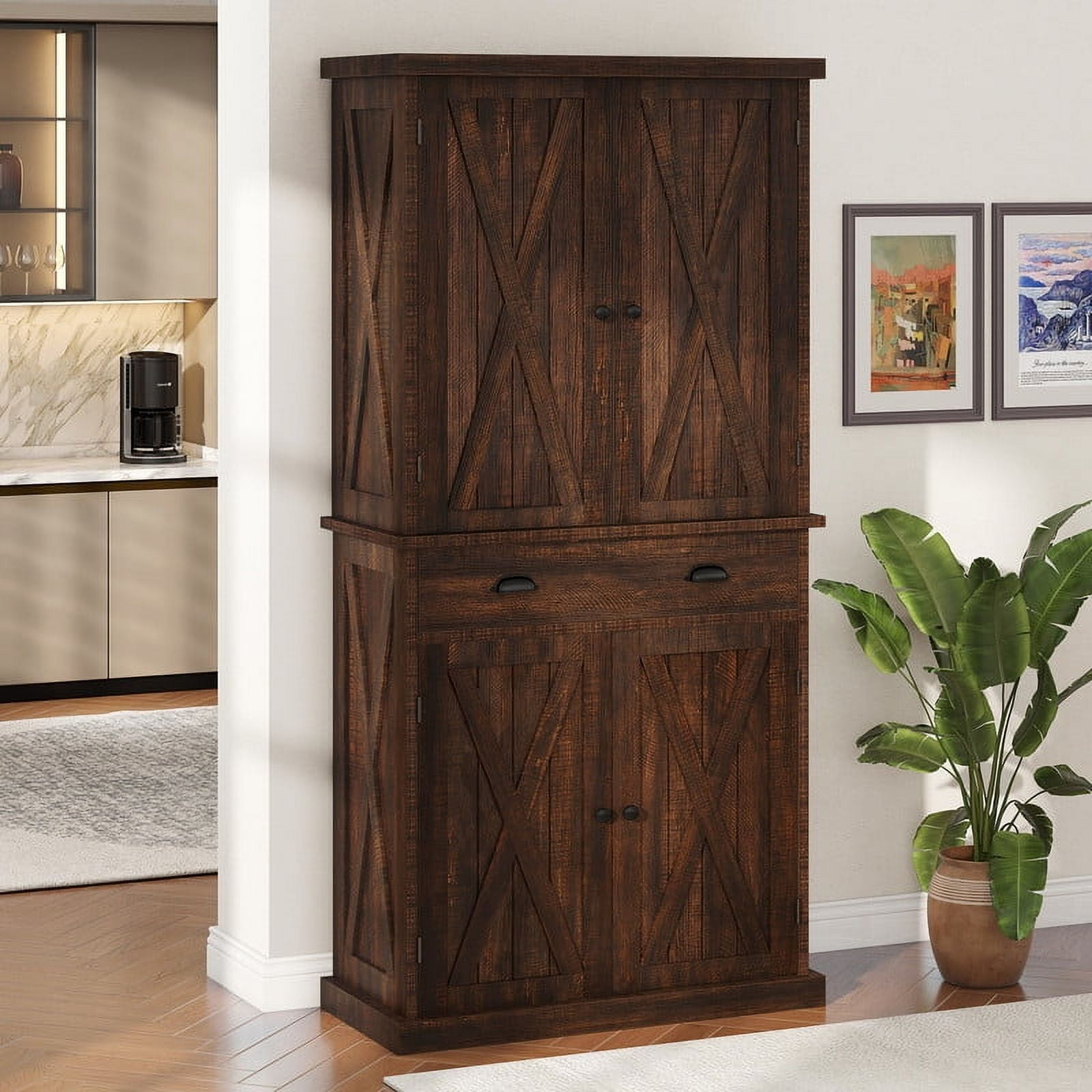 Uforic 71" Tall Farmhouse Kitchen Pantry Cabinet with Drawer and Adjustable Shelves, Brown Oak