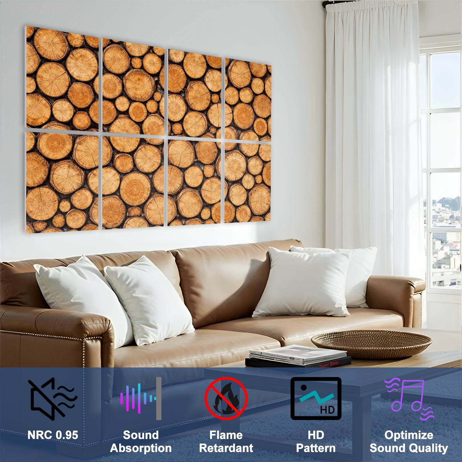 8 Pack Art Acoustic Panels Stacked Firewood Texture Natural Brown Tones Self Adhesive Absorbing Dampening Panels Self Adhesive for Nursery Game Room Bedroom 48"x32"