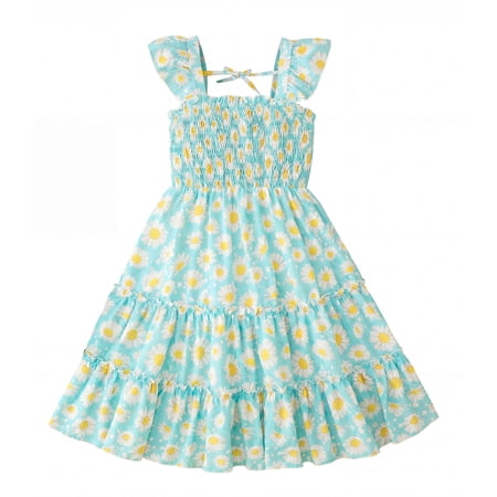 Actgleam Girls Dress Floral Ruffle Square Neck Sleeveless A-Line Sundress with Tie Back for Summer Beach Party Green Floral 5-6Y