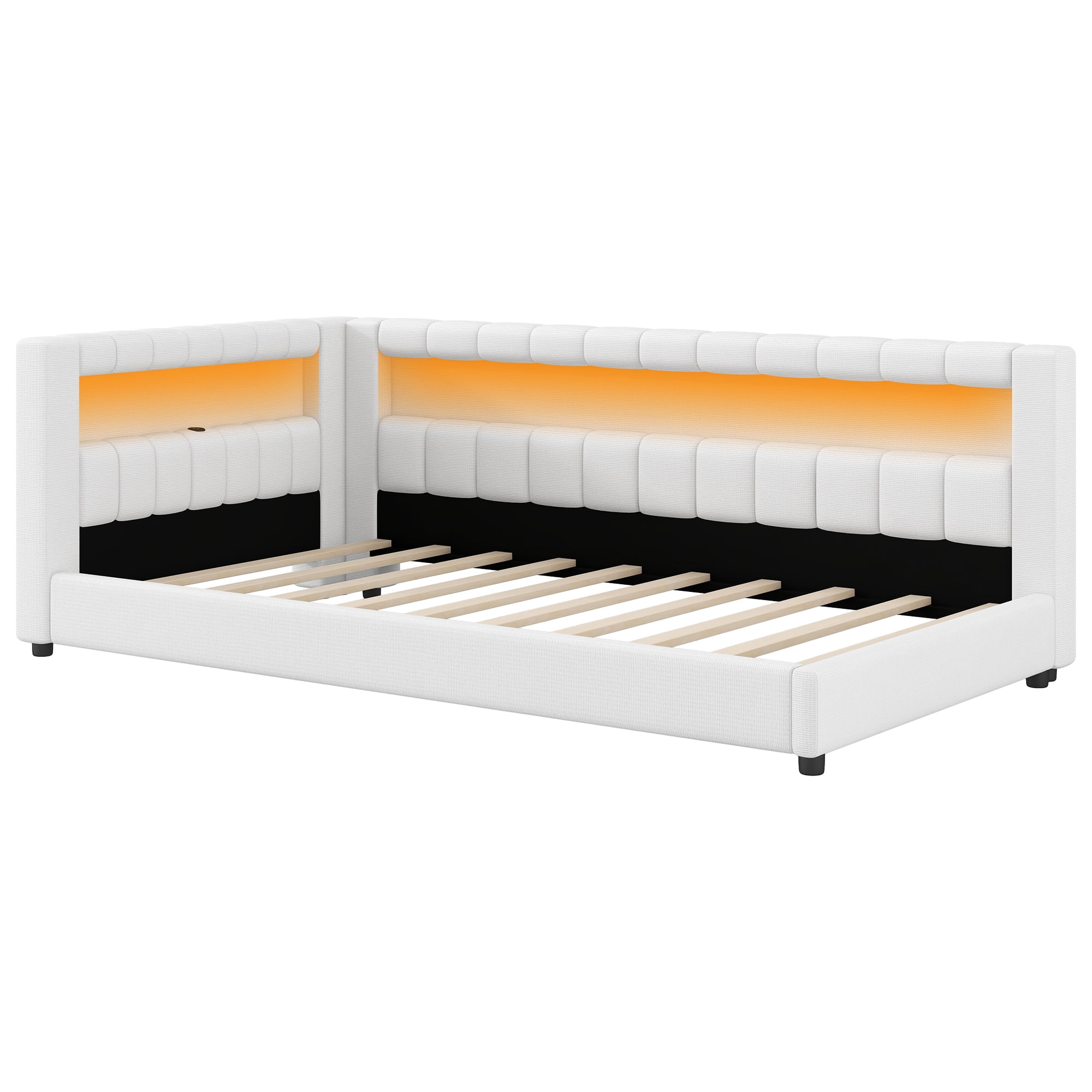 Euroco Upholstery Twin XL Platform Bed with LED Light and USB Ports, White