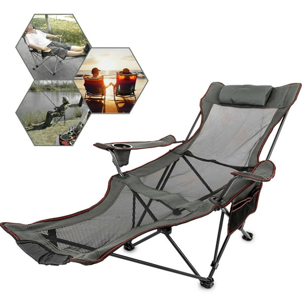 VEVOR Gray Folding Camp Chair with Footrest Mesh Lounge Chair with Cup  Holder and Storage Bag Reclining Folding Camp Chair for Camping Fishing and