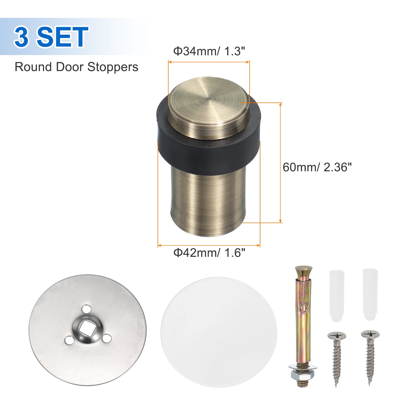 3Set Round Door Stoppers, 60mm Stainless Steel Door Stop Doorstop Wedge Metal Cylinder Self Adhesive with Screw for Bottom of Door Floor Inside, Bronze