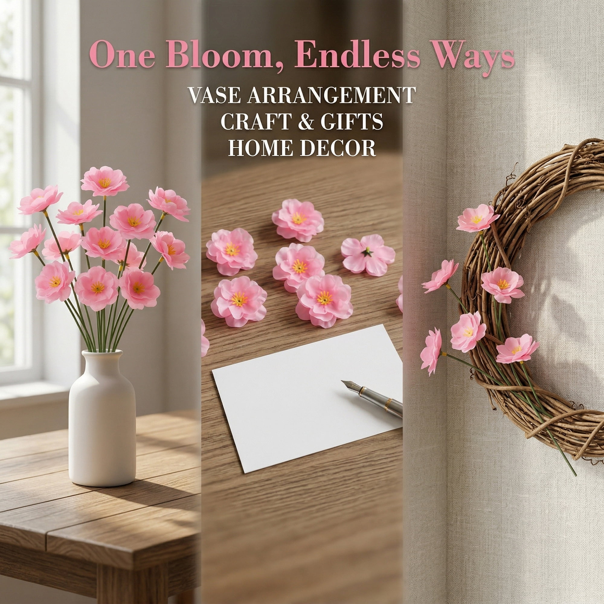 Unique Bargains Artificial Roses Silk Detachable Head Flowers for Decor Pink 5.9 in