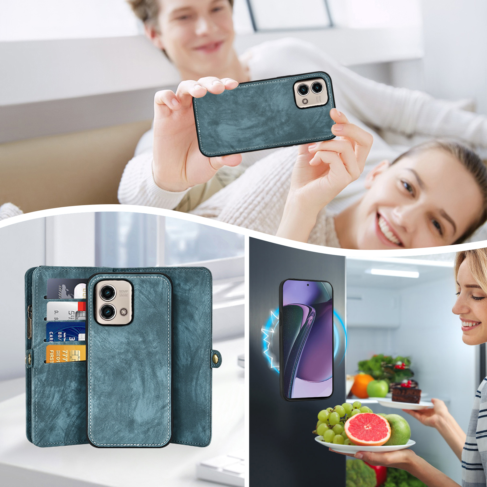 Asuwish Compatible with Motorola Moto G Power 5G 2023 Phone Case Zipper Wallet Detachable Tempered Glass Screen Protector Crossbody Lanyard Strap Flip Card Holder Cell Cover for GPower G5 Women Blue