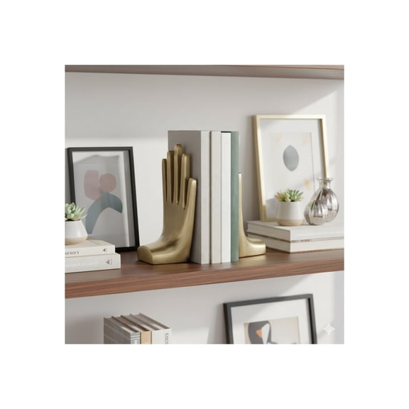 Decorative Metal Hands Book Ends for Home Decor - Modern Bookends for Office Spaces, Desk Decor, or Home Library - Stylish Bookshelf, Coffee Table, or Bedroom Decor Accent - Set of 2, 7", Gold