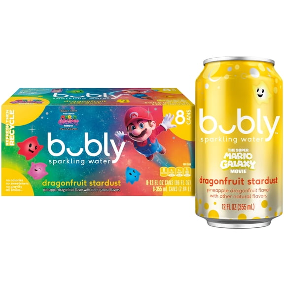 bubly Sparkling Water, The Super Mario Galaxy Movie Dragonfruit Stardust, Zero Sugar & Zero Calories, 12 fl oz Cans (8 pack)​