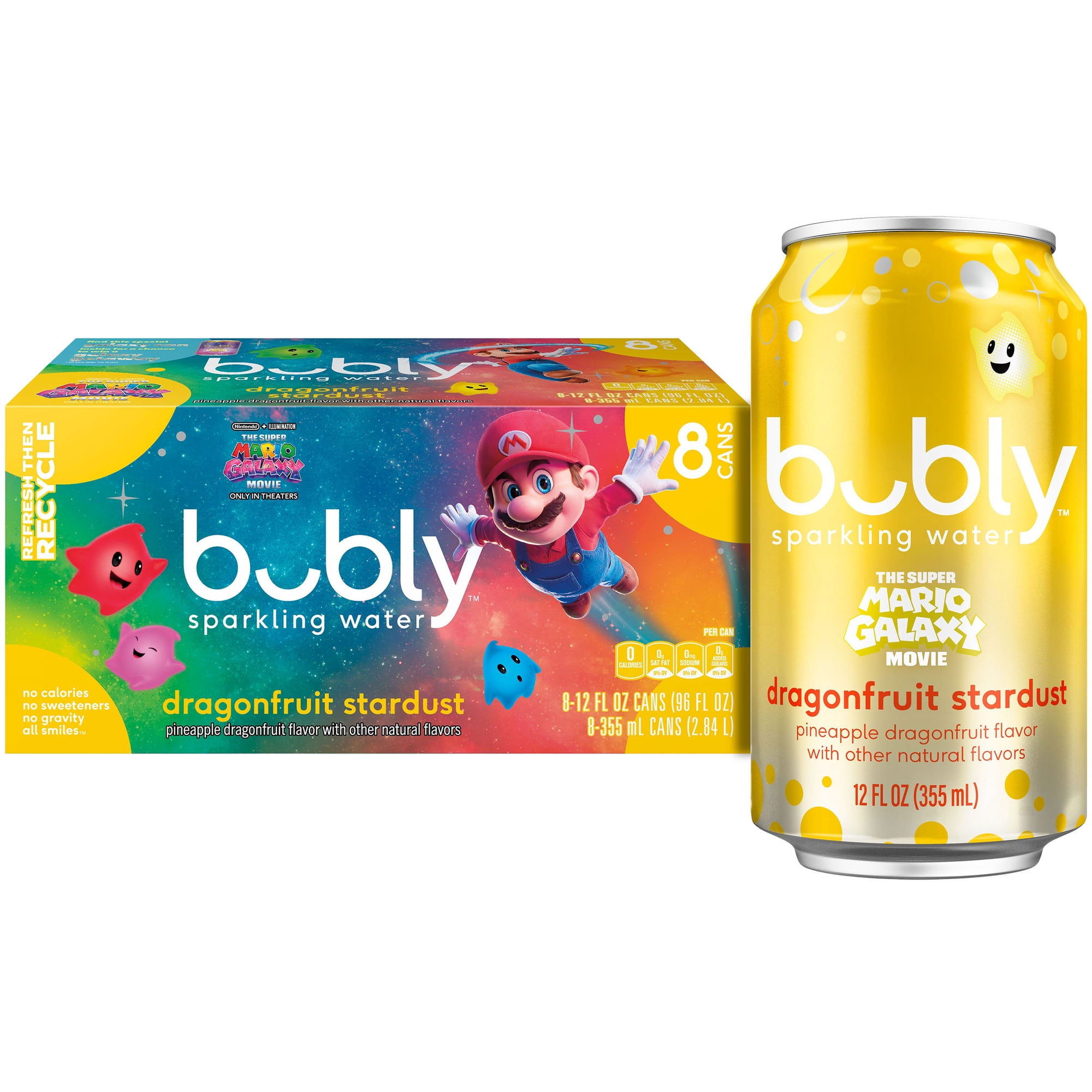 bubly Sparkling Water, The Super Mario Galaxy Movie Dragonfruit Stardust, Zero Sugar & Zero Calories, 12 fl oz Cans (8 pack)