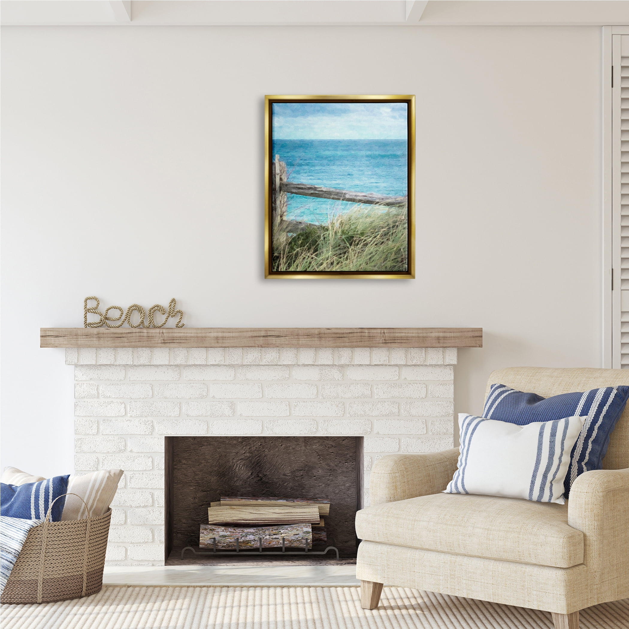 Stupell Industries Waterfront Beach Fence Nature Photography Gold Floater Framed Art Print Wall Art, 25 x 31