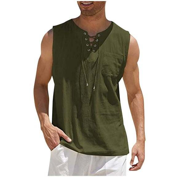 WRKEKC Mens Sleeveless Tee Shirts Solid Color Cotton Linen Drawstring Pocket V-Neck Sleeveless Tee for Relaxed Summer