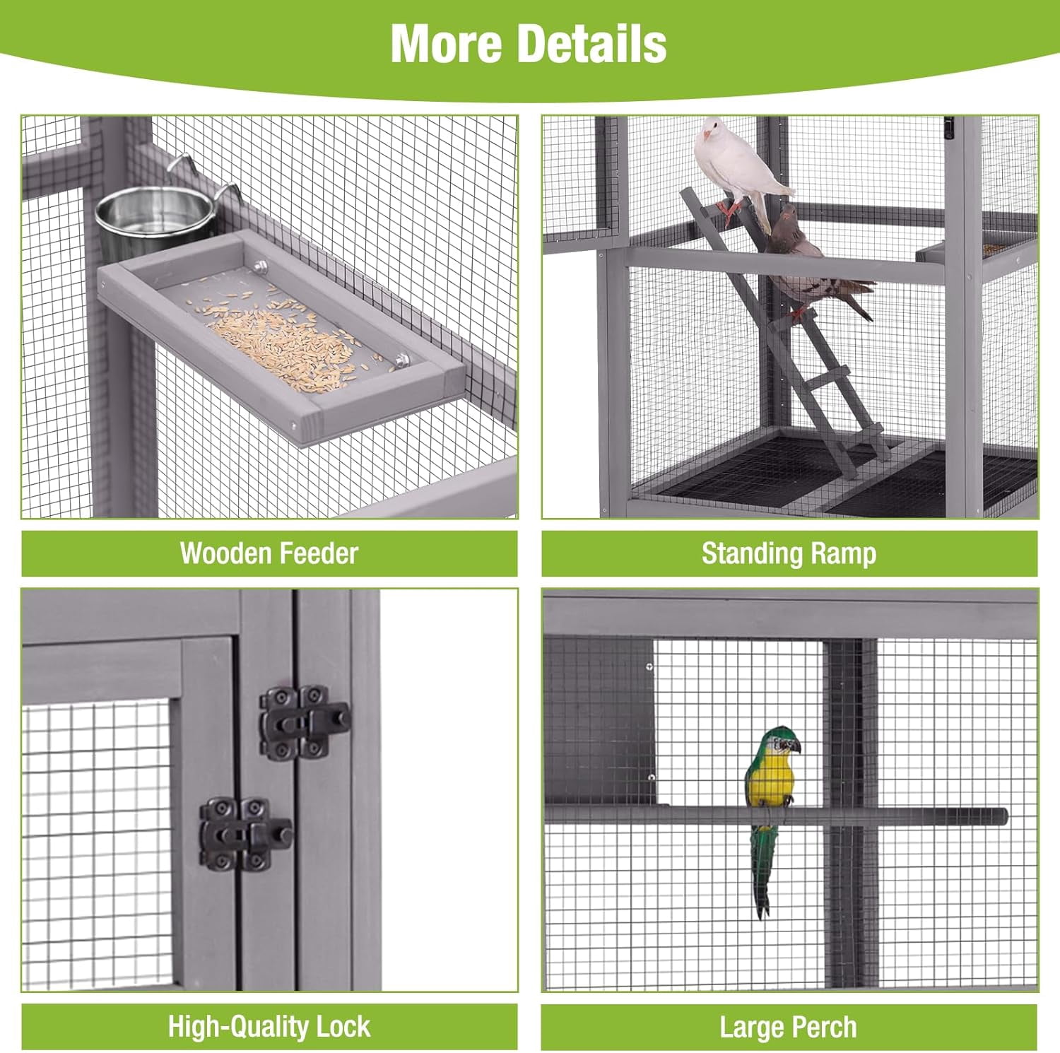 Aivituvin Large Bird Cage Outdoor Wooden Aviary Indoor on Wheels, with Play Stand, Perches, Nest Habitat & Wire Mesh Tray for Easy Cleaning
