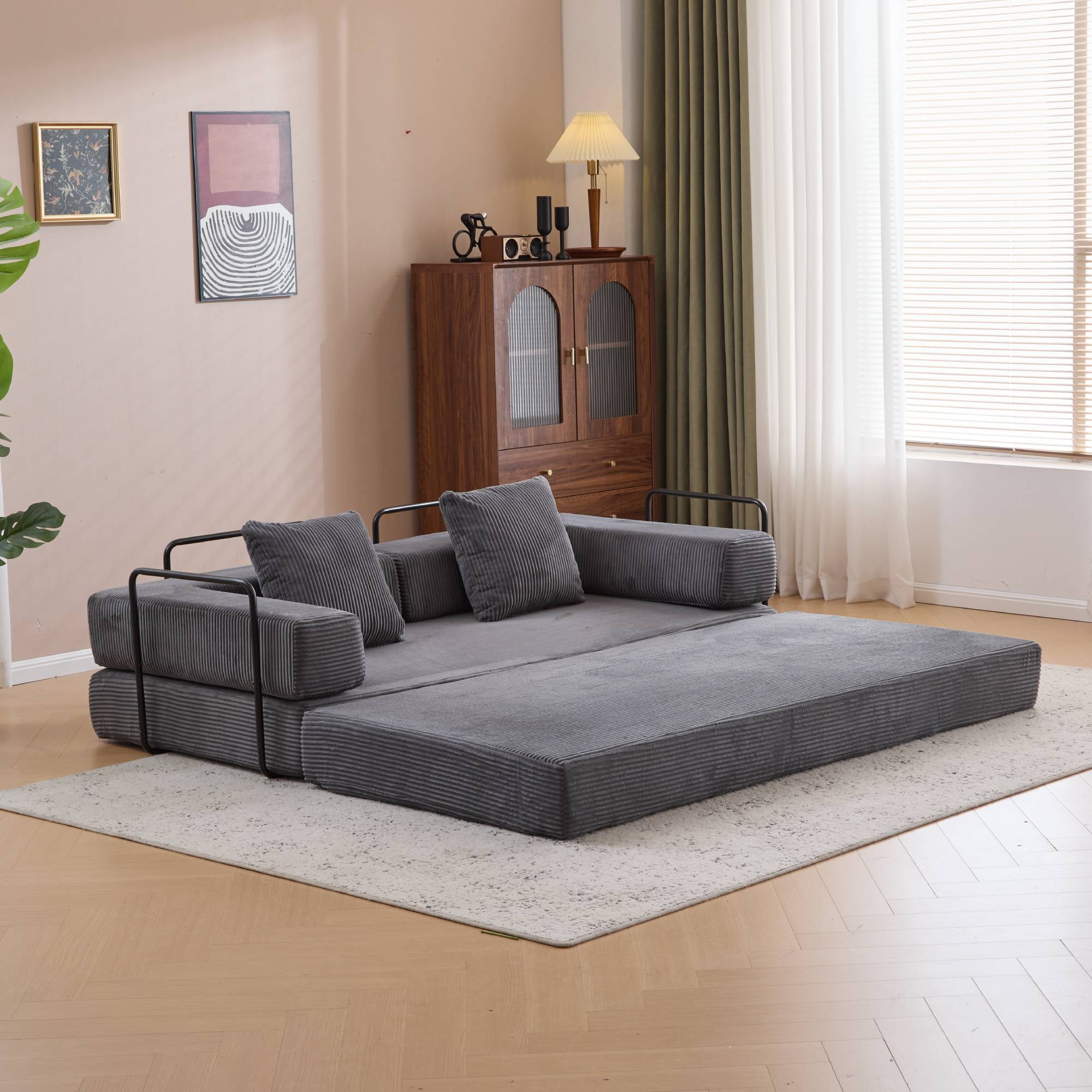 Convertible Sofa Bed, 78 Inch Oversized Corduroy Boneless Couch, Floor Mattress Sleeper Sofa Couch with Pull Out Bed for Living Room, Bedroom, Grey