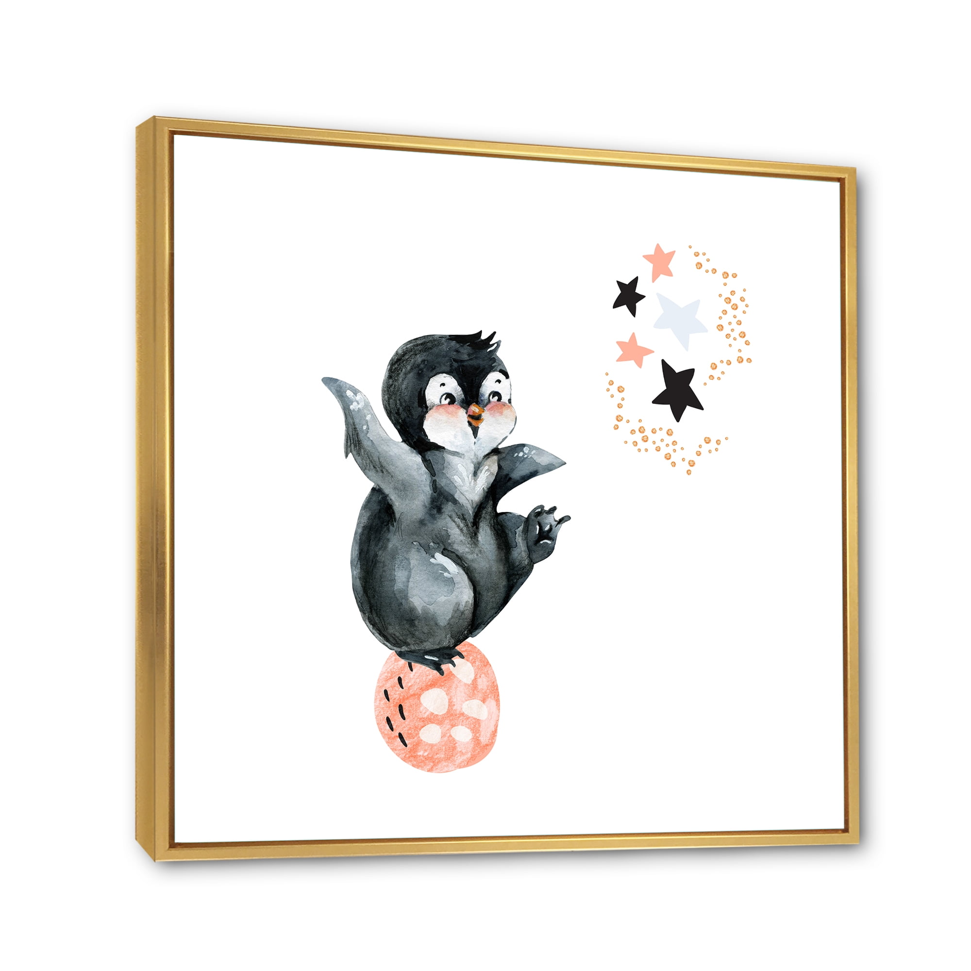 Designart 'Little Penguin With Planets and Stars II' Farmhouse Framed Canvas Wall Art Print