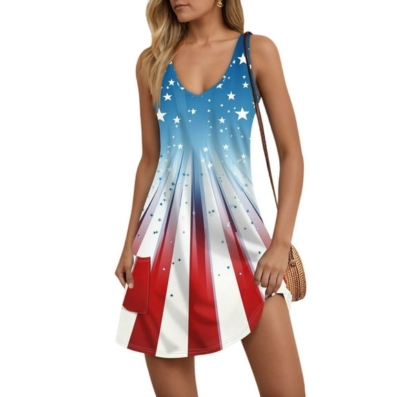 Women's Sleeveless American Flag Print Mini Tank Dress, Casual Summer Beach Sundress with Pockets for 4th of July Independence Day,Blue L